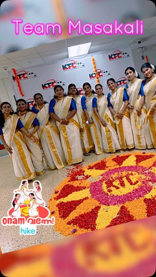 Masakali dancers in kasavu sarees around an Onam pookalam