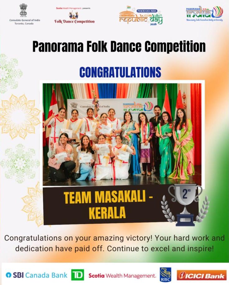Panorama India Folk Dance Competition certificate congratulating Team Masakali - Kerala, 2nd place